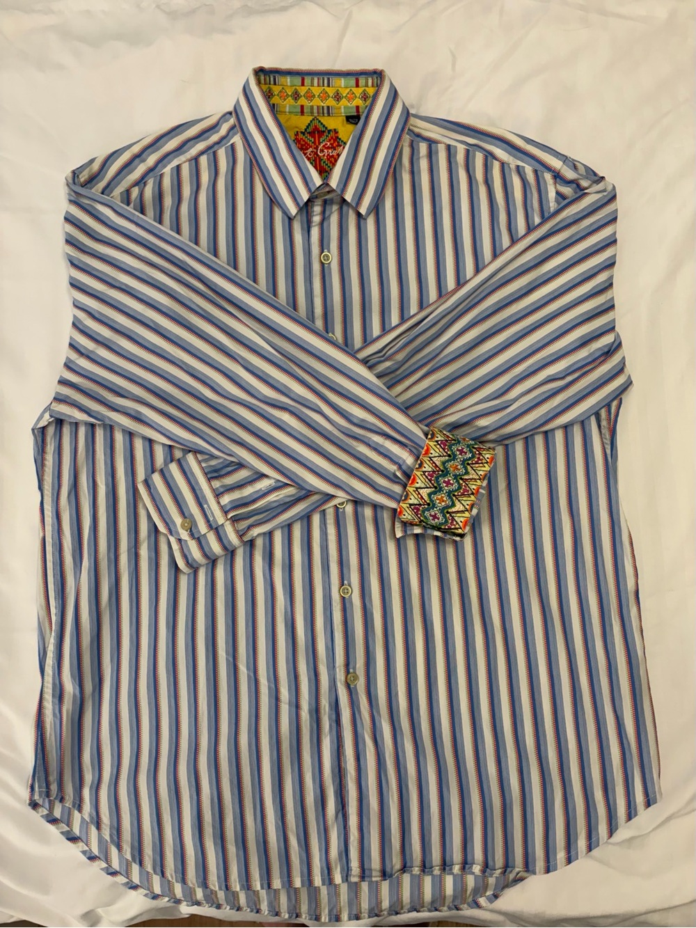 Robert Graham Blue and White Striped Dress Shirt with Colorful Inner Cuffs